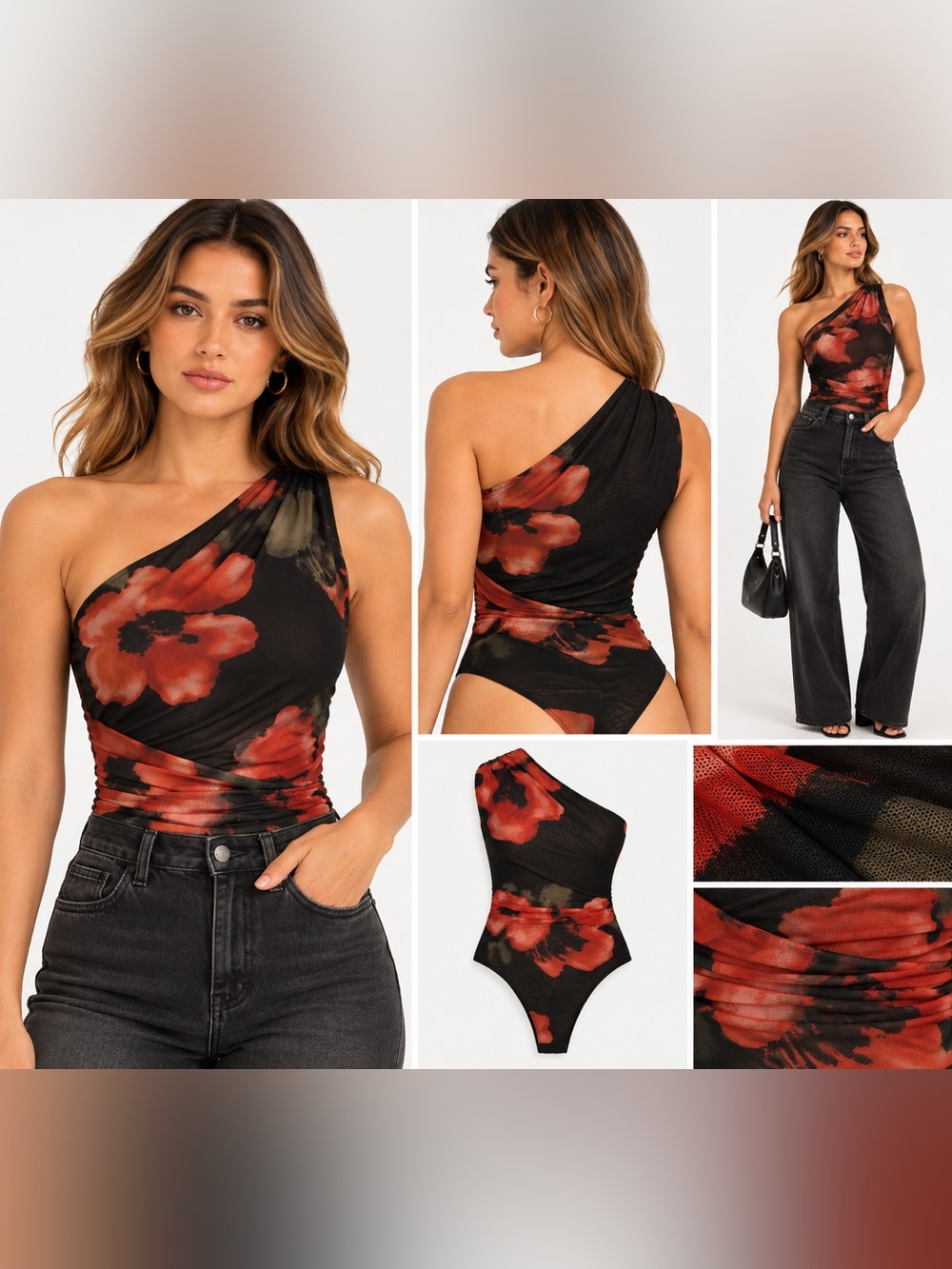Milk + Honey Black Red Floral One Shoulder Mesh Bodysuit Size Small NWT
